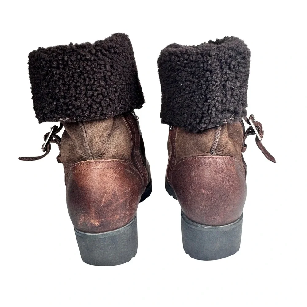 UGG Bellevue Sheepskin Foldover Boots Brown Leather Suede Shearling Buckle Sz‎ 8